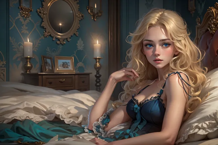 Virginia Otis, 15yr, (NSFW), sexy, (blond hair, blue eyes), thin, cute face, walks at night in Canterville Castle (inspired by the novel The Canterville Ghost). aged 1887, Victorian dark fantasy,