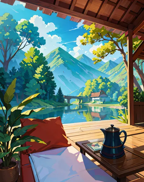 masterpiece, House on the river, jungle, travel, nature,  primitive, Professional Art, Art concept, sight, (Wallpaper Integration 8k), The best view, HD quality, detailed, Perfect view, Aesthetic, korean:.