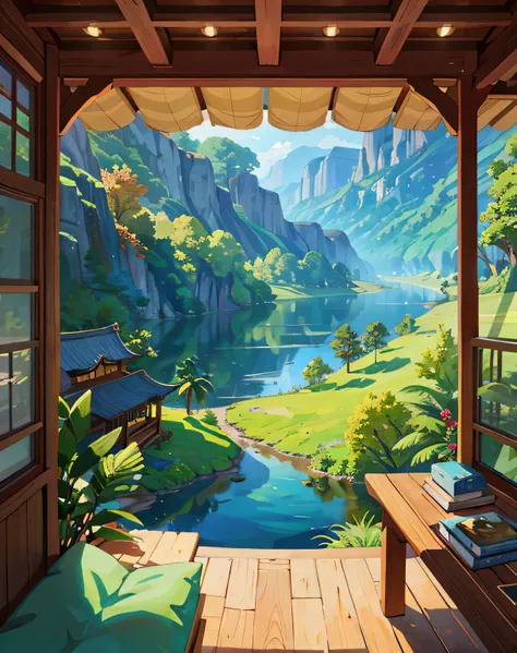 masterpiece, House on the river, jungle, travel, nature,  primitive, Professional Art, Art concept, sight, (Wallpaper Integration 8k), The best view, HD quality, detailed, Perfect view, Aesthetic, korean:.