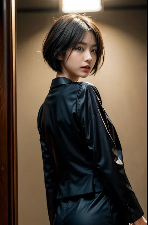 Highest quality, Realistic, Very detailed, finely, High resolution, 8k, Cinema Lighting, cowboy shot, 1 person, beautiful Japanese woman , (light smile:0.5), very short bob hair, (Wearing a simple business suit), (Blurred Background), (Light of the sun), (...