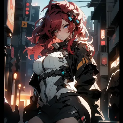 ((best quality)), ((Masterpiece)), (details:1.4), ((Enrich the picture，Masterpiece level quality)), Beautiful 8K CG artwork, 3d, HDR (high dynamic range), an image of a beautiful cyberpunk female, mature woman, cyberpunk theme, cyberpunk, (( red hair, long...