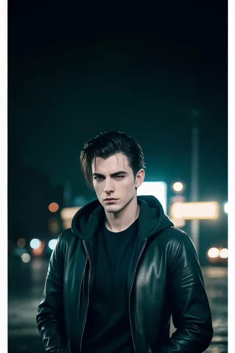 Handsome adult male, pale skin, green eyes, soaking wet hair hanging over eyes, strong jawline, defined cheekbones, serious expression, wearing a hoodie leather jacket, modern gothic, 90s aesthetic filter, gucci model photography, analog photography, dark ...