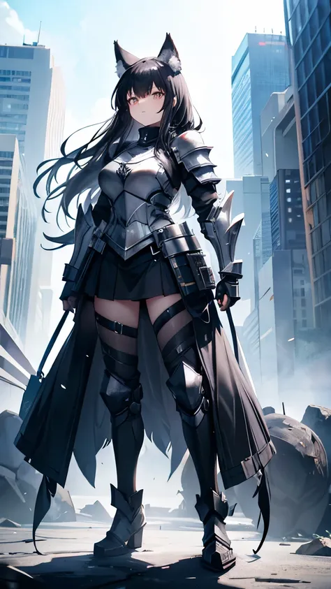 Female wolf with heavy full body armor and wolf ears, black hair, Women, sad</input></xml>,