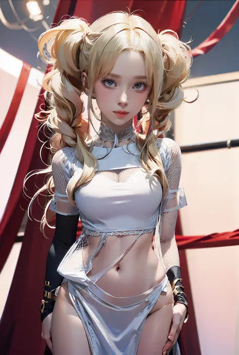 Optimal，masterpiece，High resolution，Highest quality，Adult women，Super Detail，tall，16K，solo，Correct Anatomy，Beautiful Cyberpunk Woman，Cowboy Shot、Cute Face，，Blonde、Long Hair、Twin tails、Braids, Hairline，（（Scarlet Eyes）），Long eyelashes，The corners of the eyes...