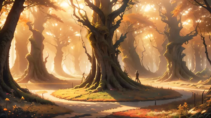 Create a panoramic fantasy art scene that juxtaposes natural and evil themes. The left side of the image should depict a vibrant, enchanted forest filled with lush greenery, colorful flowers, and mystical creatures, radiating a sense of peace and magic. Tr...