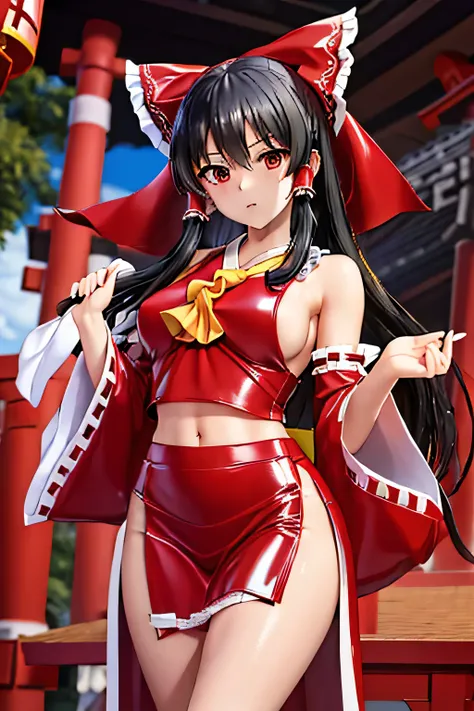 Perfect Anatomy　Best Quality,Highest Resolution,(((Latex shrine maiden outfit　Black Hair　sweat)))　Removable sleeves　Reimu Hakurei