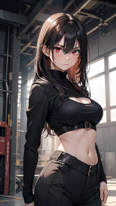 8k resolution,((Best Quality)),Ultra-high resolution,Adult women, Alone, sexy, (Angry face), (Red eyes), A beautiful, symmetrical face, (Long black hair,The eyes are hidden),Black combat uniform with bare chest and waist,Military vest,Cargo pants,Realistic...