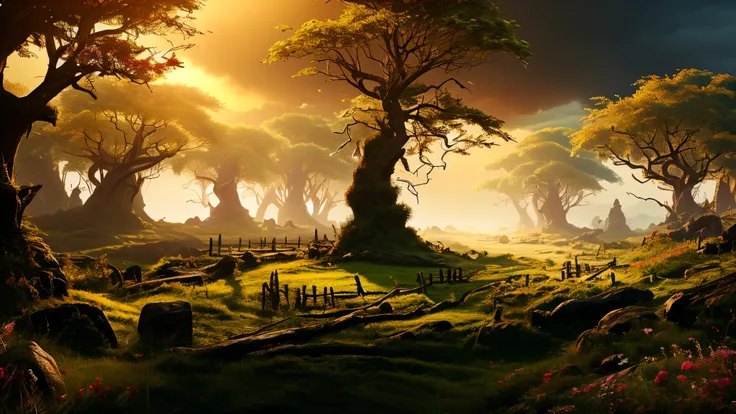 Create a panoramic fantasy art scene that juxtaposes natural and evil themes. The left side of the image should depict a vibrant, enchanted forest filled with lush greenery, colorful flowers, and mystical creatures, radiating a sense of peace and magic. Tr...