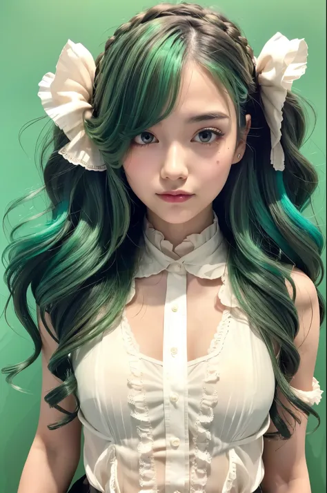 ((Live 2D))  masterpiece, One Girl, whole body, Stand Upright, Steampunk clothing, Cryptocurrency, Detailed face, Girl with wavy green hair, Turquoise hair tips, Wavy Hair, Gradient Eye, manga style, (Simple Background, White background: 1.3)