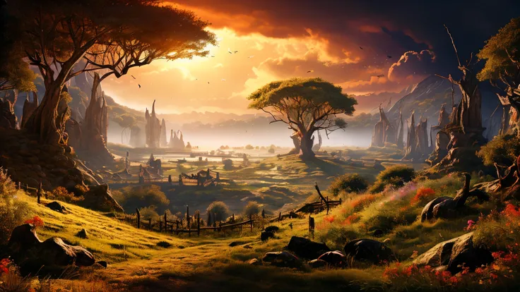 Create a panoramic fantasy art scene that juxtaposes natural and evil themes. The left side of the image should depict a vibrant, enchanted forest filled with lush greenery, colorful flowers, and mystical creatures, radiating a sense of peace and magic. Tr...