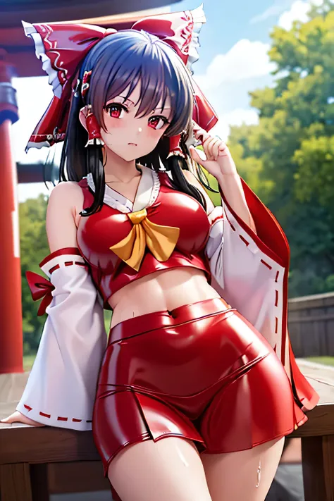 Perfect Anatomy　Best Quality,Highest Resolution,(((Latex shrine maiden outfit　Black Hair　sweat)))　Removable sleeves　Reimu Hakurei