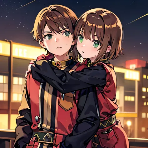 a girl with green eyes, short brown hair , red blouse with long sleeves, googles her hair, affectionately hugging a boy with sho...