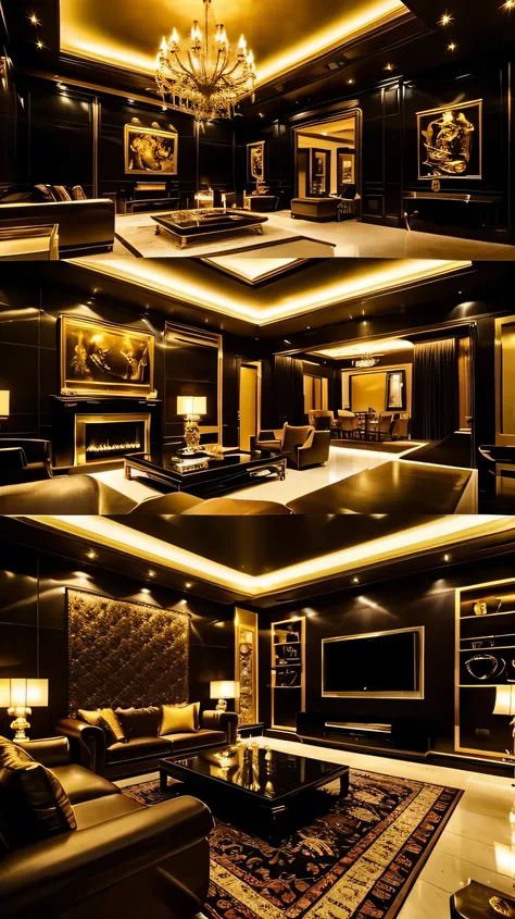 Photo of a living room of a very expensive house in one photo in black style with a golden interior. The house has a luxurious atmosphere.. There is a luxurious sofa with gold inserts., black coffee table and gold lamp. There is also a golden statue here.....