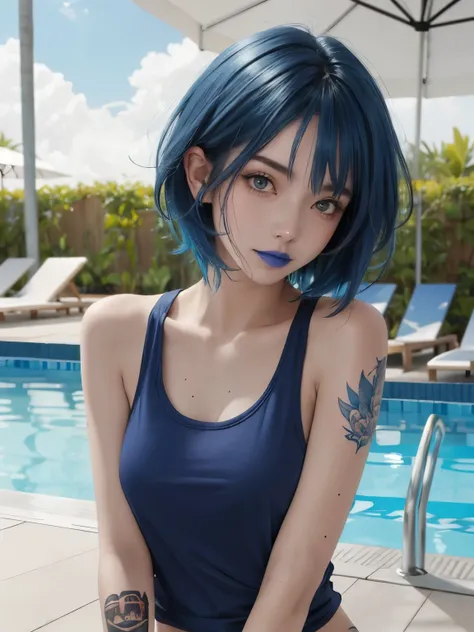 1girl, blue lips, blue hair, short hair, tattoo, poolside, tank top