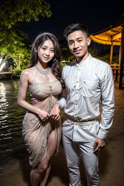 A handsome man and beautiful woman get married. Both are in their early twenties. The two looked at the camera with smiles on their faces. Wearing Javanese clothes midnaked. Indonesian. logging park. mangrove. night view. whole body. wide angle, best quali...