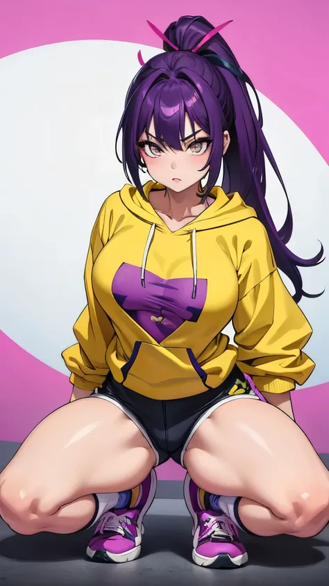 masterpiece, best quality, 1girl, purple hair, ponytail, yellow hoodie, short shorts, loose socks, sneakers, seiza, looking at v...