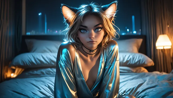 8k, super detail, best quality, UHD, textured skin, ((barely legal girl, with cat ears and choker, in an oversized thin shiny wrap shirt with plunging cleavage, wide neckline, small perky breasts, beautiful detailed half-closed cat eyes, beautiful detailed...