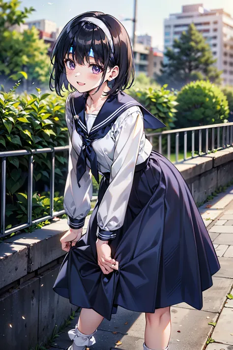 (Highly detailed CG Unity 8k), (Best Quality)，(Very detailed)，(Ultra-high resolution), Black Hair, A high school girl wearing a navy blue sailor suit, Anime 2D Rendering, Realistic high school girl, (White headband:1.4), smile, Purple eyes, Small breasts, ...