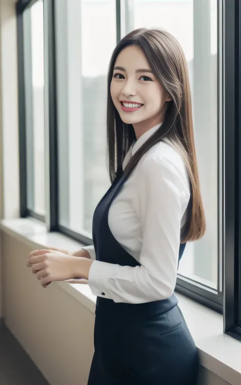 The face is a hostess、The clothes are navy blue business suits high quality、A hyper-realistic、healthy、Smiling expression、Slender perfect figure、Japan beauties、beautidful eyes、face perfect、Beautiful skin、from side、Background is an office on a high floor、by ...