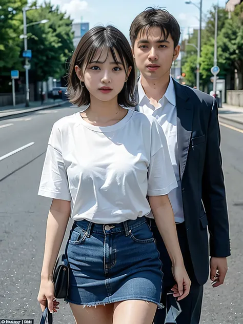 (high quality), (Realistic photos)、1 female、((No audience:1.7))、((on the road:1.4))、((Photographed from the front:1.5))、((A woman with short hair wearing a white short-sleeved T-shirt:1.4))、Daytime、((A woman wearing a denim skirt that accentuates her thigh...