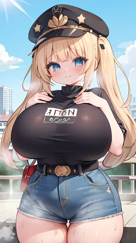 ((4K, masterpiece, Highest quality,perfect face)),cute,light blondehair,long twintails,Blue eyes,Lens flare,(huge breasts:1.5),(chubby:1.3),(thighs:1.5),(chibi,loli:1.3),1 girl,(steam:1.3),(sweaty:1.1),full body,smile,(wide hips),city,jeans,belt,t-tshirt,(...