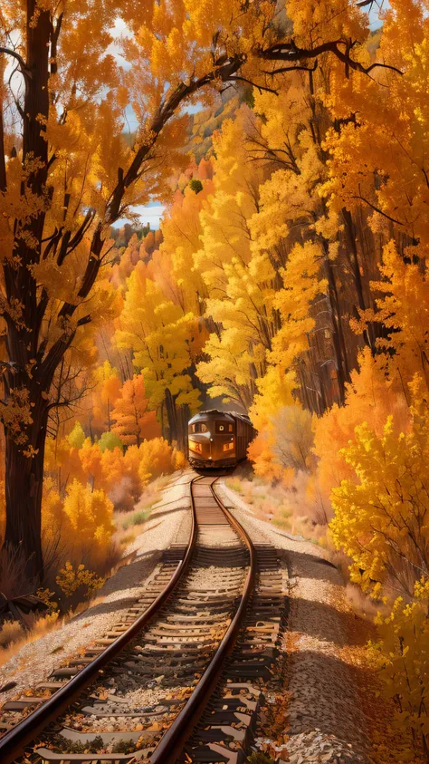 there is a train that is going down the tracks in the woods, train, amongst foliage, choo choo, fading to dust and leaves, prize winning color photo, abandoned railroad, beautiful high resolution, in the autumn, muted fall colors, 4 0 9 6, colorado, new me...