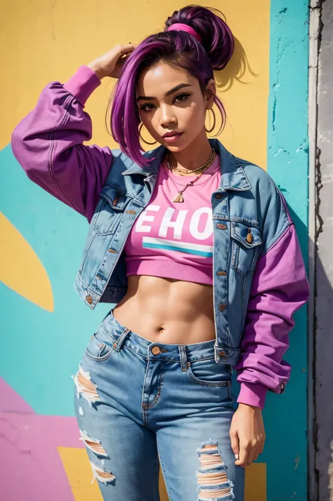 Generate an image of a Malay woman with vibrant purple hair styled in a high ponytail, wearing a trendy oversized denim jacket, neon pink crop top, and ripped skinny jeans, paired with white sneakers. Shes casually leaning against a wall painted with bold,...