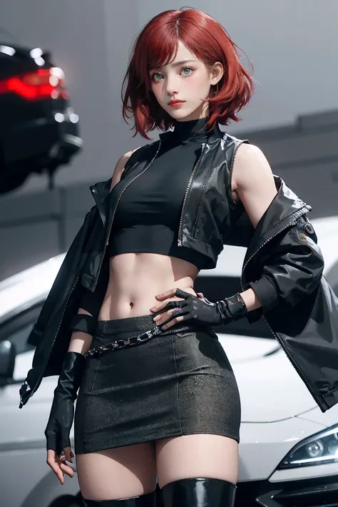 woman, curly red pixie cut hair, green eyes, wearing a black crop top shirt, long black jacket, red check skirt, (black knee-hig...