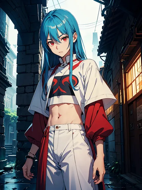 Open hair. Ruins in the background.. Crop top. wiese. Red lights. magician. jrpg. Flowers. mage. Fantasy rpg. Red clothes.. male. Long hair. older. Boy. male. Red eyes. Blue hair. magician. runes. More anime style. 2D. flatter. anime style. White clothing....