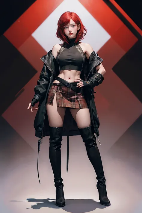 woman, Curly Red Pixie Cut Hair, Green Eyes, Wearing a black crop top shirt, Long black jacket, Red Check Skirt, (Black knee-high boots), Black fingerless gloves, Exposed shoulders, (whole body), Big breasts Freckles, Clevis, Abdominal muscles, View your v...