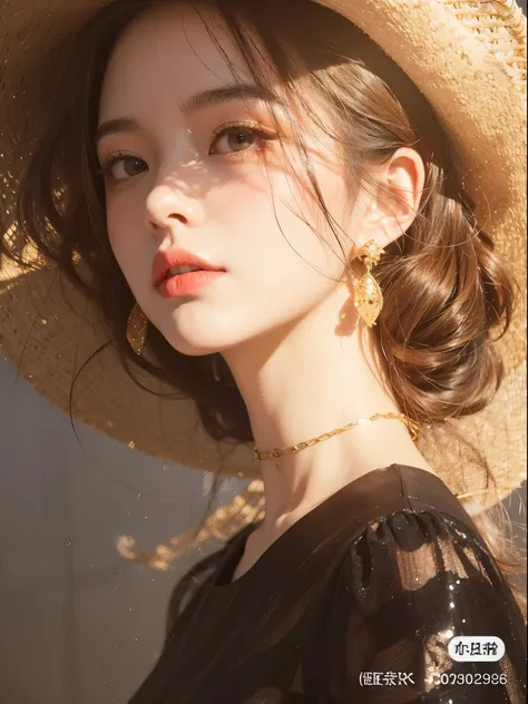 Beautiful Japanese woman, brunette hair, sraw hat, gold earrings, necklace, black voile dress