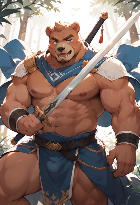 please draw a male bear holding a sword.