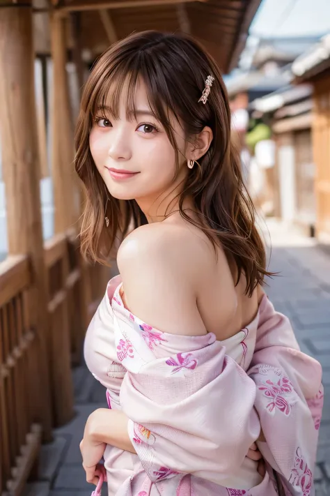 Full body portrait、Beauty、Well-formed face、20-year-old、Uniform eyes、Small face、, light brown hair, hair over shoulder, parted bangs, straight hair, expressive hair, shiny hair, earrings, seductive smile, Completely naked、Medium build、Small Bust, Surrealism...