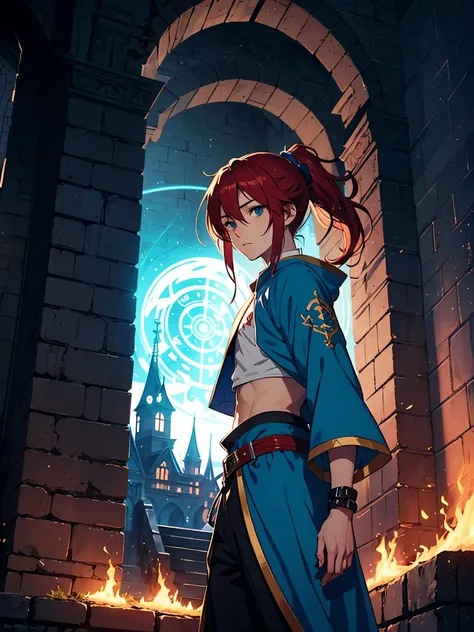 Male. Longer hair. Zopf. Ponytail. Crop top. Wiese. Blue lights. Magier. Jrpg. Flowers. Mage. Fantasy rpg. Flames. Blue clothes.. Male. Long hair. Older. Boy. Male. Blue eyes. Red hair. magier. Runes. More anime style. 2d. flatter. anime style. Blue clothi...