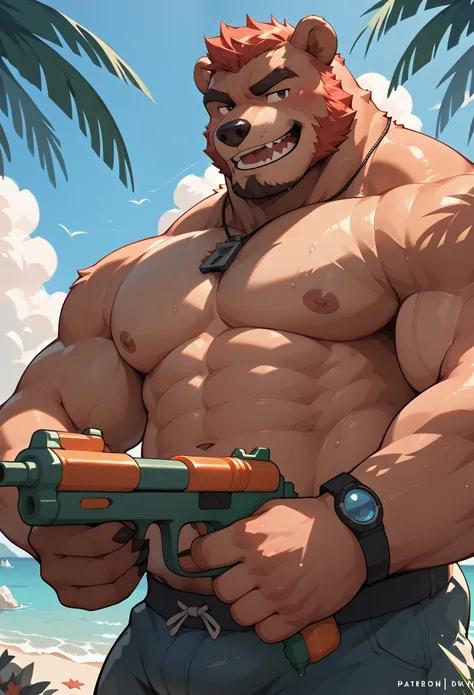 please draw a little bear. he is mischievous and has a water gun.