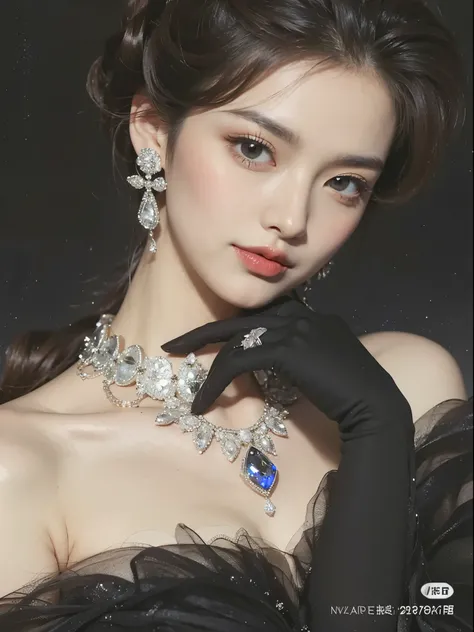 Beautiful Japanese woman, brunette hair, diamond earrings, necklace, black evening dress, black gloves, diamond ring