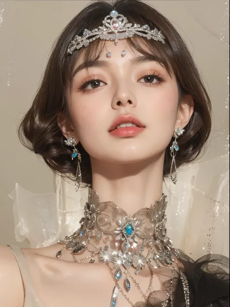 Beautiful Japanese woman, brunette hair, diamond tiara, diamond earrings, diamond necklace, 