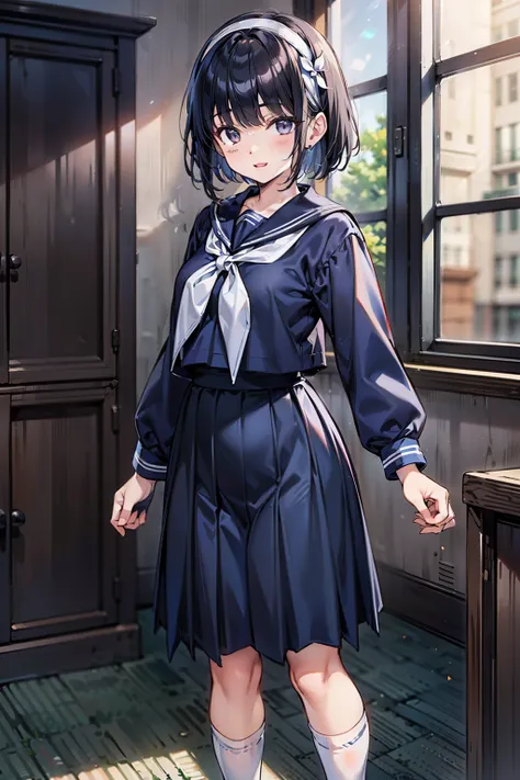 (Highly detailed CG Unity 8k), (Best Quality)，(Very detailed)，(Ultra-high resolution), Black Hair, A high school girl wearing a navy blue sailor suit, Anime 2D Rendering, Realistic high school girl, (White headband:1.4), smile, Purple eyes, Small breasts, ...