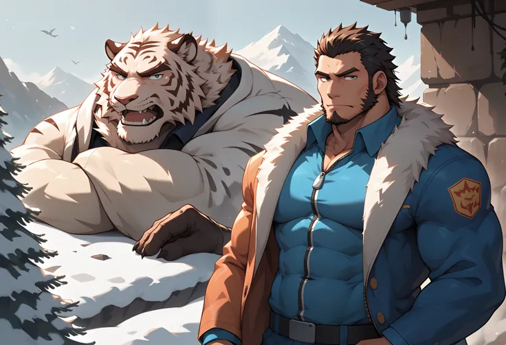 Please draw two beastmen. The two are climbing a snowy mountain. One is a male tiger-type beastman in his 30s, muscular, hairy, serious, wearing a boa jacket. The other is a male fox-type beastman in his 30s, hairy, serious, wearing a boa jacket.