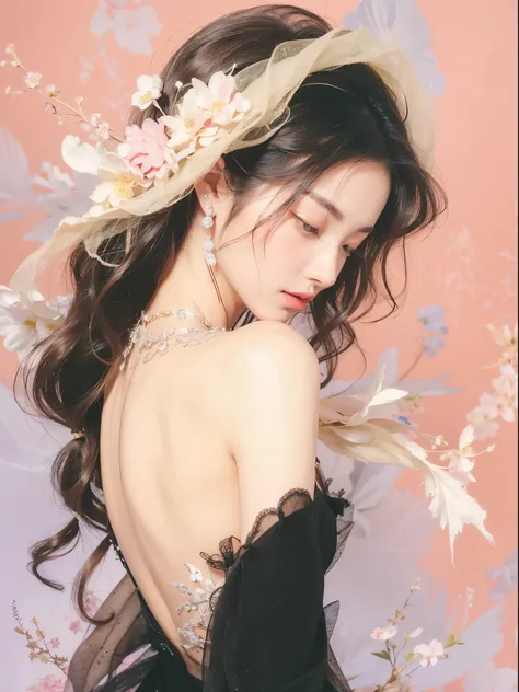 Beautiful Japanese woman, brunette hair, floral hair band, diamond tiara, diamond earrings, diamond necklacs, black evening dress, 