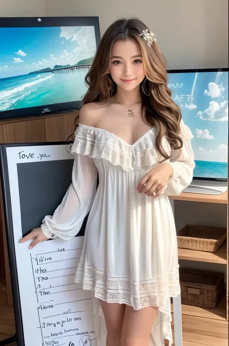 Beautiful girl with wavy long hair, bohemian dress, holding a white board with text "I Love Seaart Infinity" and showing it to the viewer