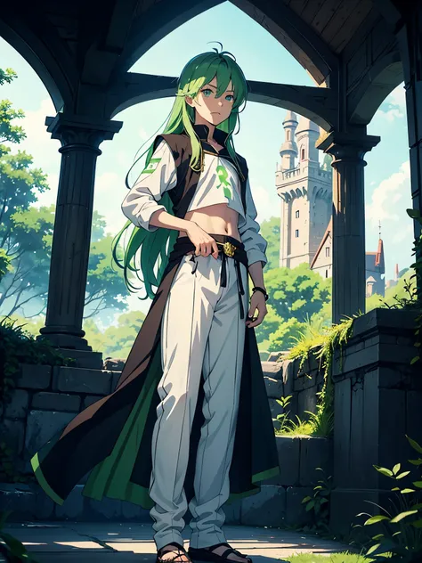 Green flowers. Wood. Forest. Open hair. Crop top. wiese. Green lights. magician. jrpg. Flowers. mage. Fantasy rpg. Green clothes. male. Long hair. older. Boy. male. Blue eyes. Light green hair. magician. runes. More anime style. 2D. flatter. anime style. W...