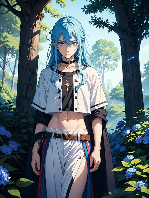 Blue flowers. Wood. Forest. Open hair. Crop top. wiese. Blue lights. magician. jrpg. Flowers. mage. Fantasy rpg. Blue clothes. male. Long hair. older. Boy. male. Blue eyes. Light blue hair. magician. runes. More anime style. 2D. flatter. anime style. White...