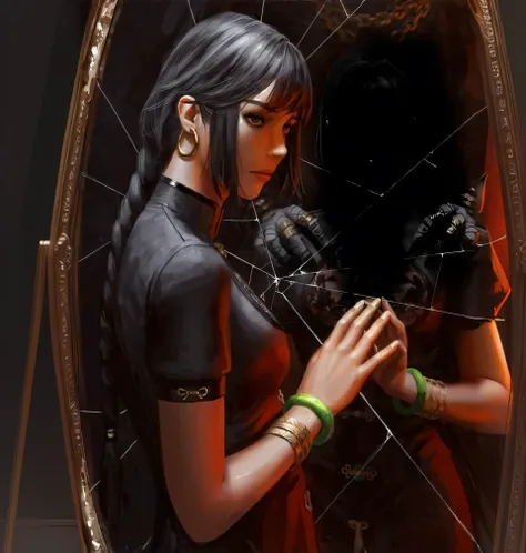 a woman in a black dress holding a black cat in a mirror, neoartcore and charlie bowater, portrait of tifa lockhart, alena aenami and artgerm, tifa lockhart portrait, charlie bowater character art, dark but detailed digital art, charlie bowater art style, ...