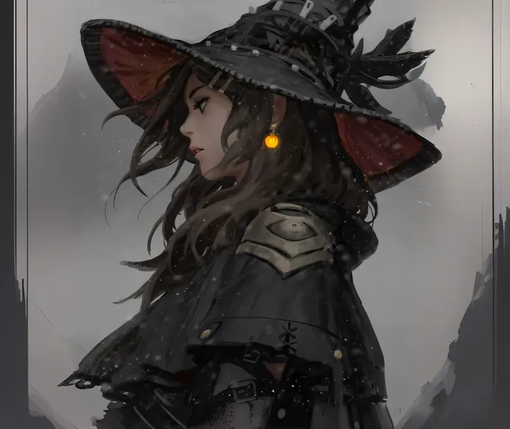 a woman in a witch hat and leather outfit standing in the snow, artwork in the style of guweiz, portrait of a female mage, side portrait dark witch, fashionable dark witch, guweiz, by Yang J, dark fantasy style art, portrait of a mage, portrait of a young ...