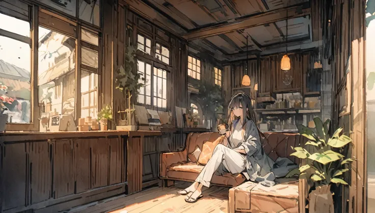 masterpiece,最high quality,Very detailed,High Resolution Backgrounds,8k,there is nothing,high quality,break,Japanese manga style, sketch, Watercolor colors,Cozy cafe,Ancient interior,Stylish interior,sits,slowly,relax,coffee, 