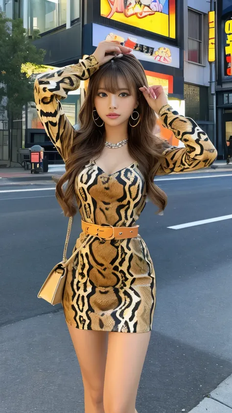 Gorgeous idol girl、whole body、Good style、、、、、、、、、、Thick legs、、、Gorgeous animal print dress（Tiger、monkey、Raccoon、snake）、Cool girl face、、、、Animal Belt、、、Night graffiti、Glowing Animals