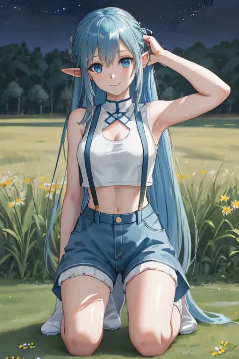 close up 1girl in, photo of Asuna, Yuuki Asuna, Solo, (straight blue hair, very long blue hair, (blue eyes: 1.2), (perfect clear skin, pale skin, detailed skin, medium breasts, round breasts, perfect body, skinny, thin), (thin hips, thin waist: 1.25), neut...