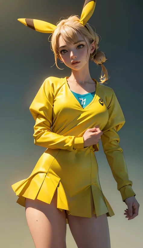 ((masterpiece, Best Quality, Best image quality, High resolution, Realistic, RAW Photos, 8k, High-definition CG synthesis 8K wallpaper))A woman with yellow, upright ears like Pikachu,Anthropomorphic Pikachu standing and posing