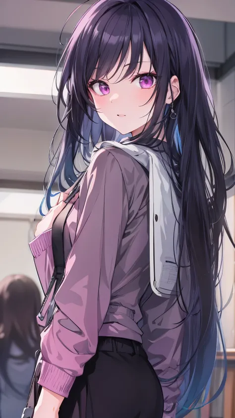 [[[ ultra-detailed, best quality, soft skin, beautiful face, masterpiece, close-up, modern setting, anime]], long hairstyle, purple eyes, black hair, cool clothes , looking at viewer, standing up, classroom background , cool beauty, slim body, college stud...